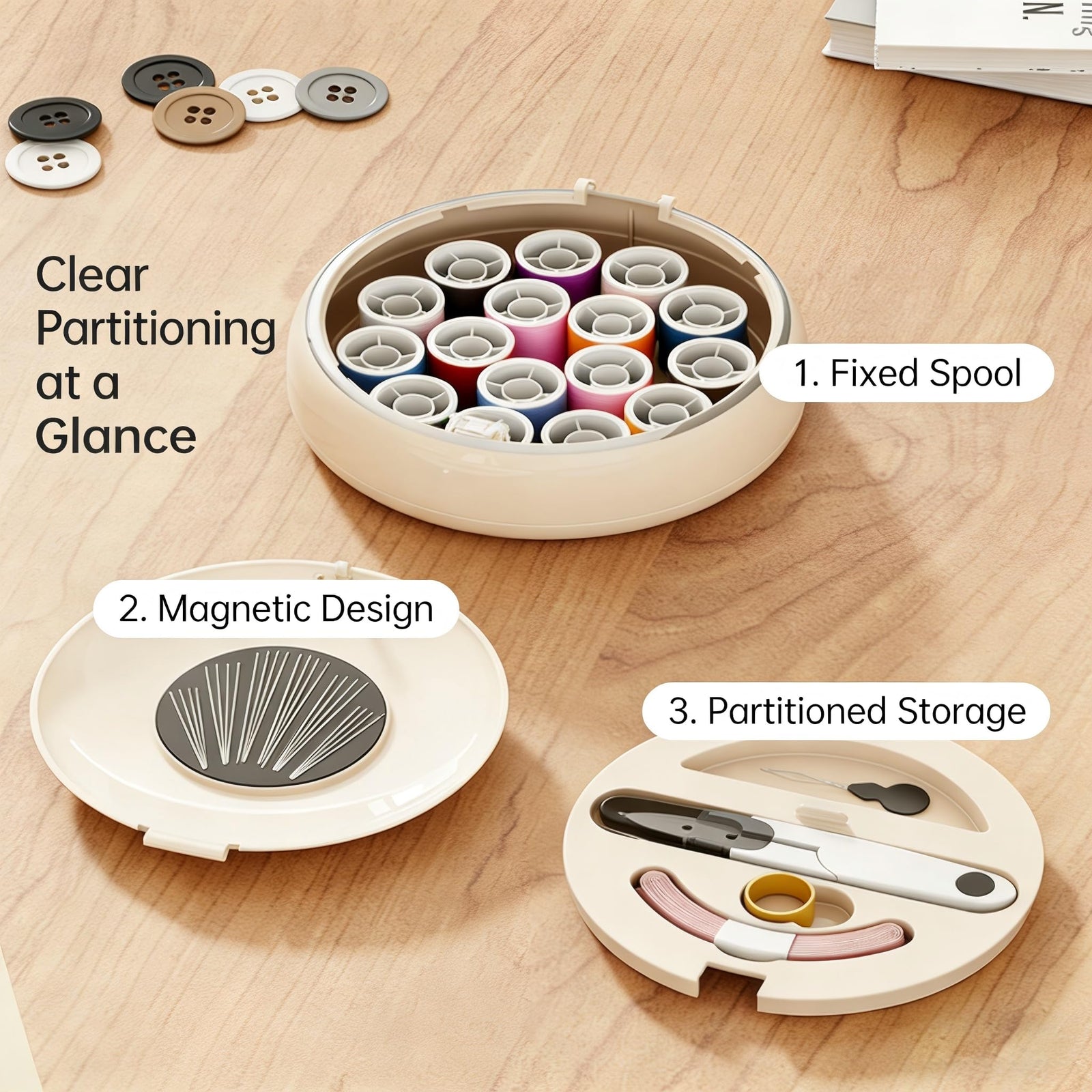 Modern Magnetic Sewing Kit – Compact Travel Sewing Box with Strong Magnetic Lid, 16-Thread Spools & Tools, Portable Needle Organizer for Home & On-the-Go Use (Beige)