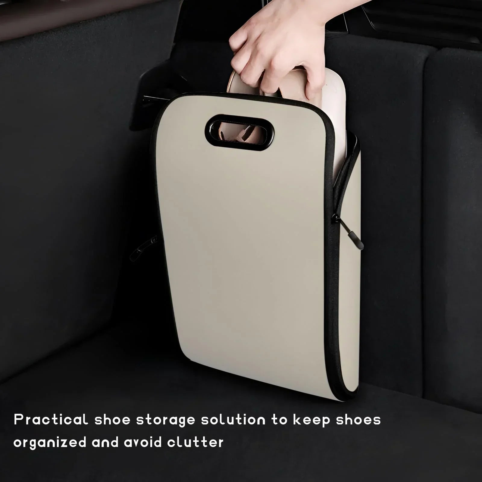 Car Shoe Storage Box – Portable Leather-Look Organizer for Passenger Seat or Trunk, Dustproof and Moisture-Resistant with Zipper and Handle (Beige)