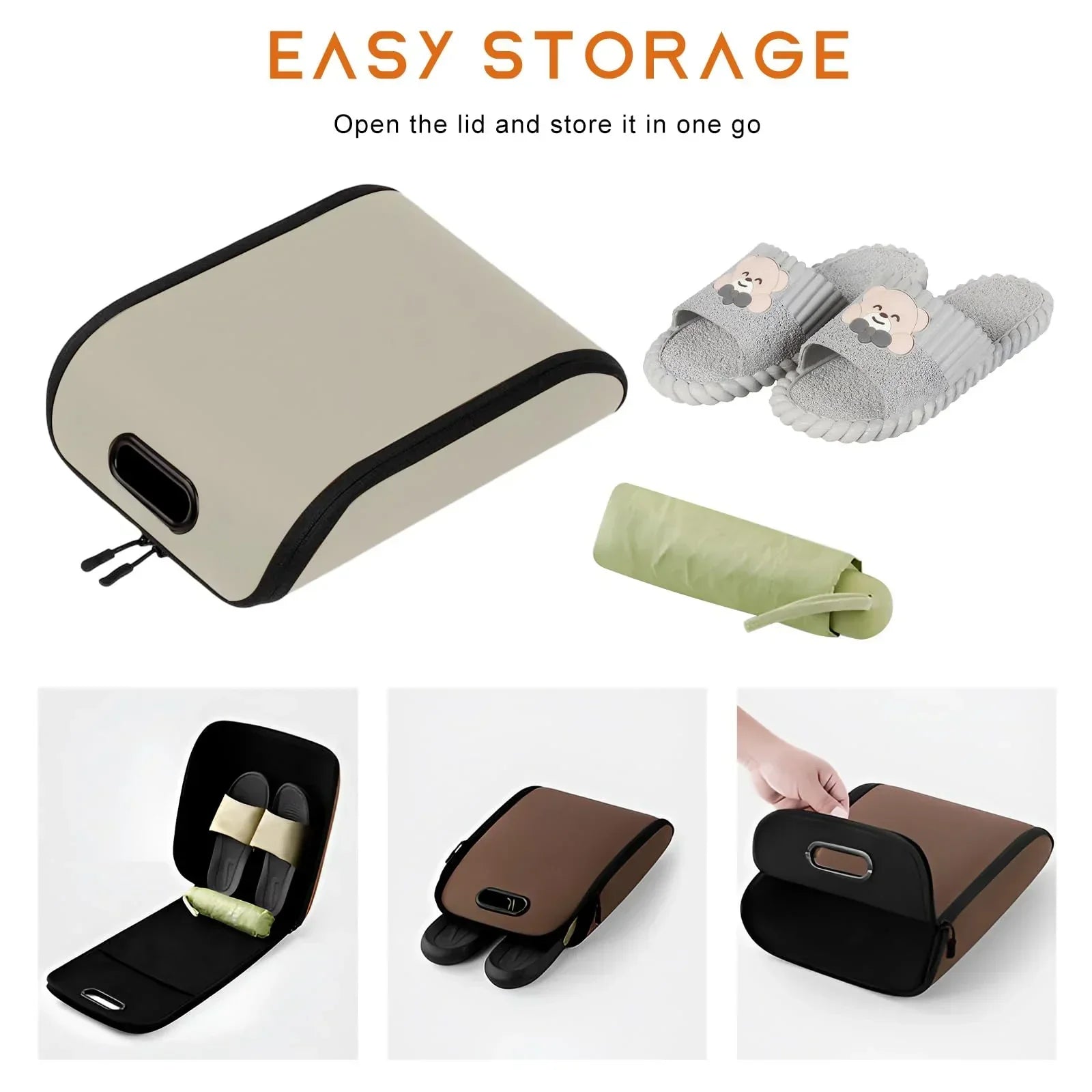 Car Shoe Storage Box – Portable Leather-Look Organizer for Passenger Seat or Trunk, Dustproof and Moisture-Resistant with Zipper and Handle (Beige)
