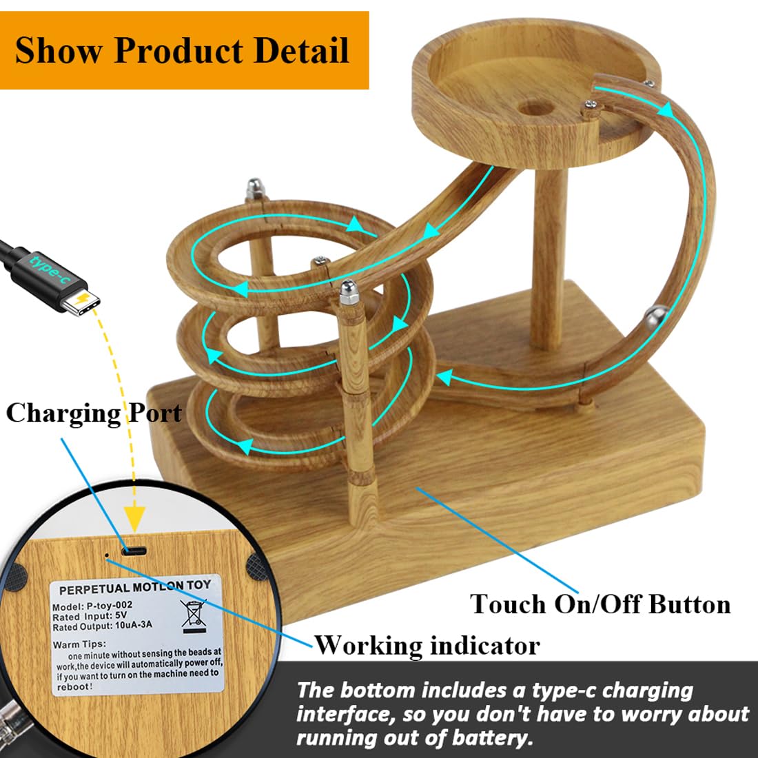 Electromagnetic Perpetual Motion Toy with Built-in Battery – Scientific Desk Decor, Stress Relief & Cat Play Item, Continuous Rolling Ball Art (Wooden)