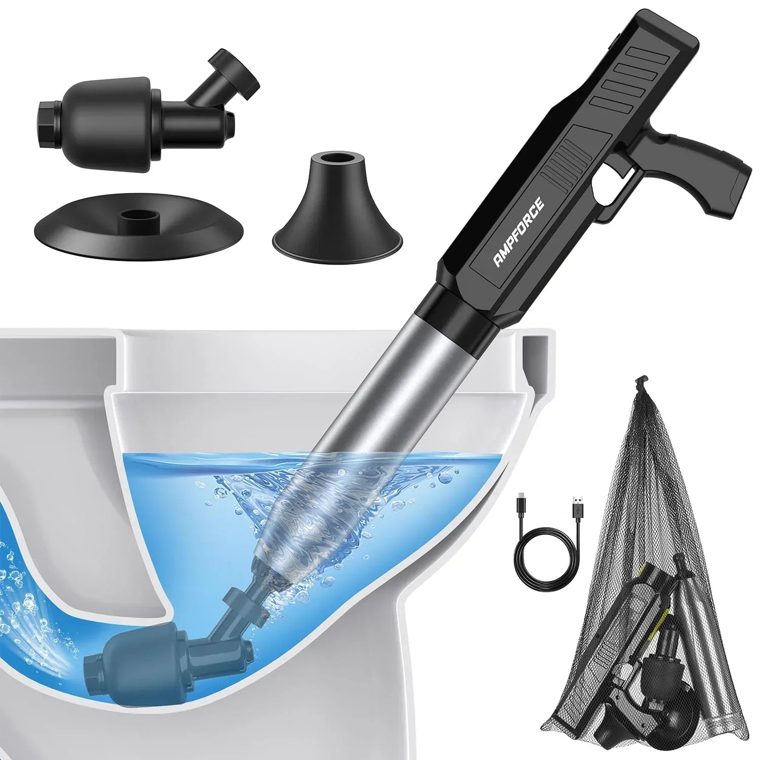 Electric Toilet Plunger with TurboPlunge Technology – Cordless High-Pressure Drain Cleaner, Multi-Head Unclogger, 120° Anti-Splash Design (Black)