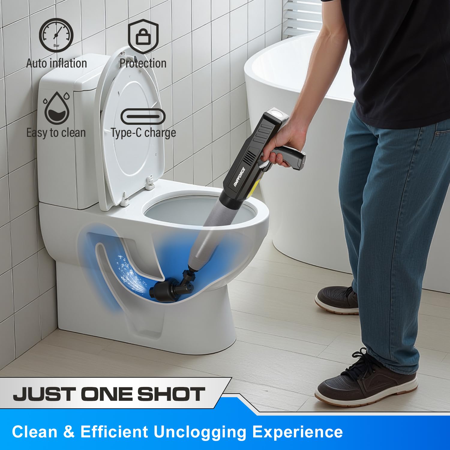 Electric Toilet Plunger with TurboPlunge Technology – Cordless High-Pressure Drain Cleaner, Multi-Head Unclogger, 120° Anti-Splash Design (Black)