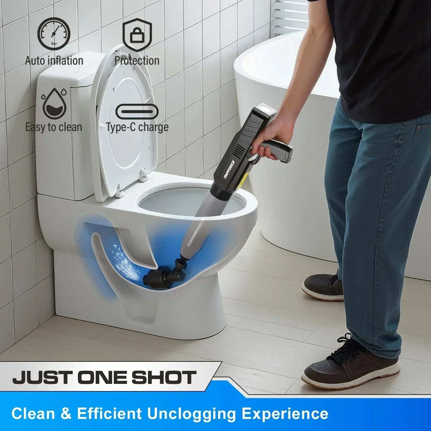Electric Toilet Plunger with TurboPlunge Technology – Cordless High-Pressure Drain Cleaner, Multi-Head Unclogger, 120° Anti-Splash Design (Black)