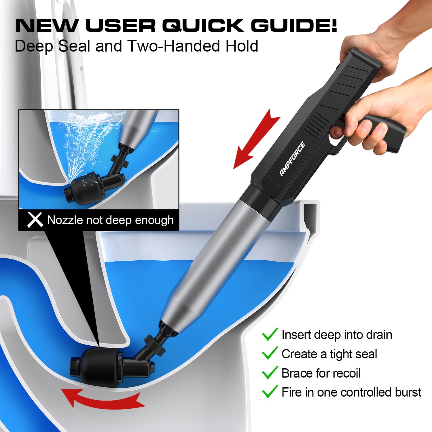 Electric Toilet Plunger with TurboPlunge Technology – Cordless High-Pressure Drain Cleaner, Multi-Head Unclogger, 120° Anti-Splash Design (Black)