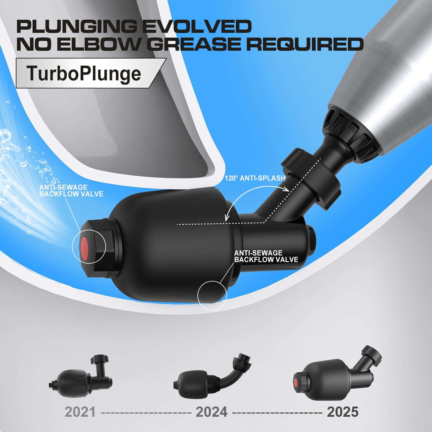 Electric Toilet Plunger with TurboPlunge Technology – Cordless High-Pressure Drain Cleaner, Multi-Head Unclogger, 120° Anti-Splash Design (Black)