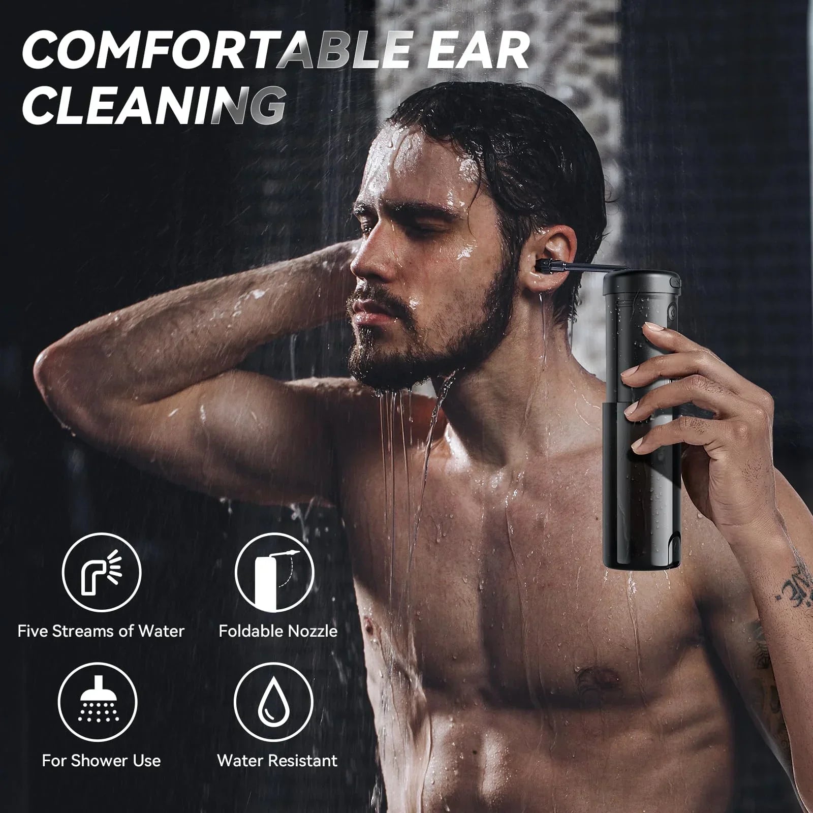 Electric Ear Cleaner with 5 Modes – Rechargeable Ear Irrigator with LCD Display, Foldable Nozzle, and Soft Silicone Tips for Safe Earwax Removal at Home or Travel (Black)