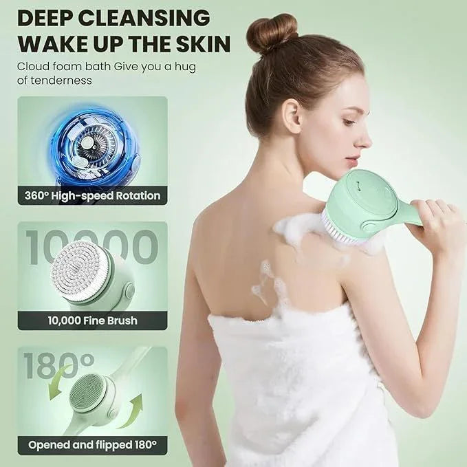 Electric Shower Body Scrubber Brush with 4 Heads, IPX5 Waterproof Rechargeable Back Cleaner for Exfoliating & Massage, 2-Speed Rotating Bath Brush for Sensitive Skin (Green)