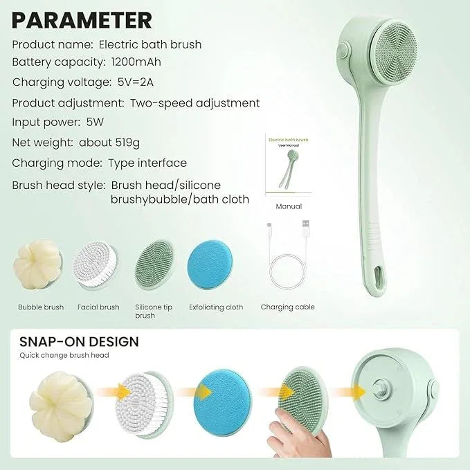 Electric Shower Body Scrubber Brush with 4 Heads, IPX5 Waterproof Rechargeable Back Cleaner for Exfoliating & Massage, 2-Speed Rotating Bath Brush for Sensitive Skin (Green)