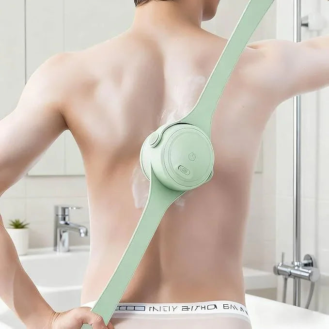 Electric Shower Body Scrubber Brush with 4 Heads, IPX5 Waterproof Rechargeable Back Cleaner for Exfoliating & Massage, 2-Speed Rotating Bath Brush for Sensitive Skin (Green)