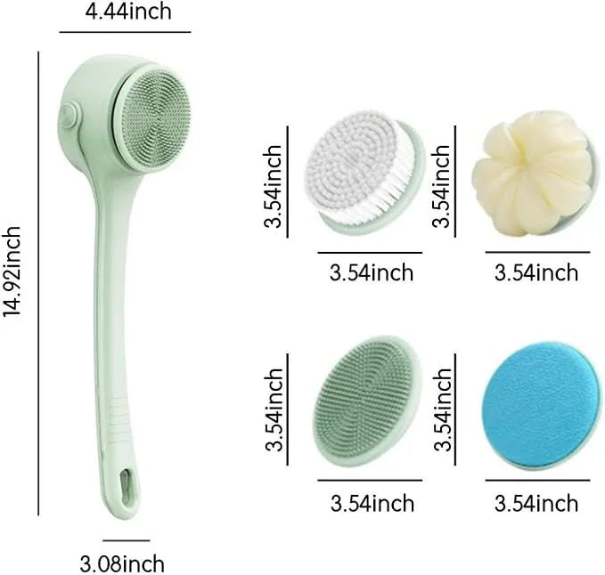 Electric Shower Body Scrubber Brush with 4 Heads, IPX5 Waterproof Rechargeable Back Cleaner for Exfoliating & Massage, 2-Speed Rotating Bath Brush for Sensitive Skin (Green)