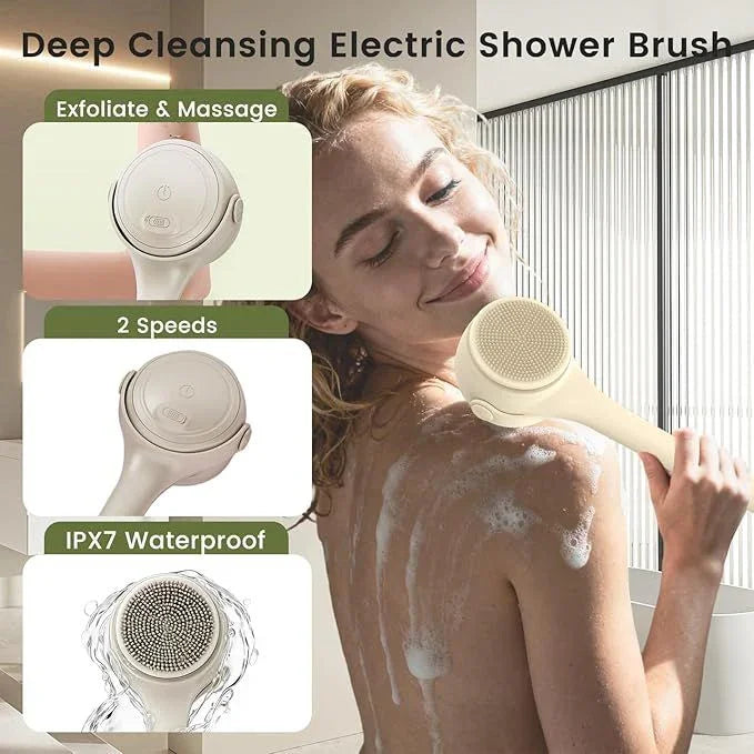Electric Shower Body Scrubber Brush with 4 Heads, IPX5 Waterproof Rechargeable Back Cleaner for Exfoliating & Massage, 2-Speed Rotating Bath Brush for Sensitive Skin (Milk coffee)