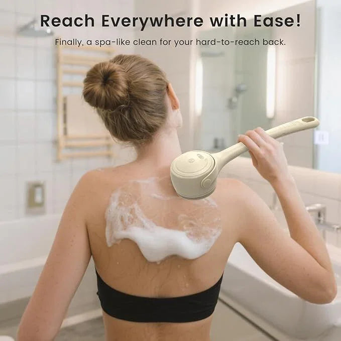 Electric Shower Body Scrubber Brush with 4 Heads, IPX5 Waterproof Rechargeable Back Cleaner for Exfoliating & Massage, 2-Speed Rotating Bath Brush for Sensitive Skin (Milk coffee)