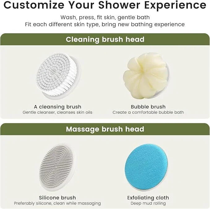 Electric Shower Body Scrubber Brush with 4 Heads, IPX5 Waterproof Rechargeable Back Cleaner for Exfoliating & Massage, 2-Speed Rotating Bath Brush for Sensitive Skin (Milk coffee)