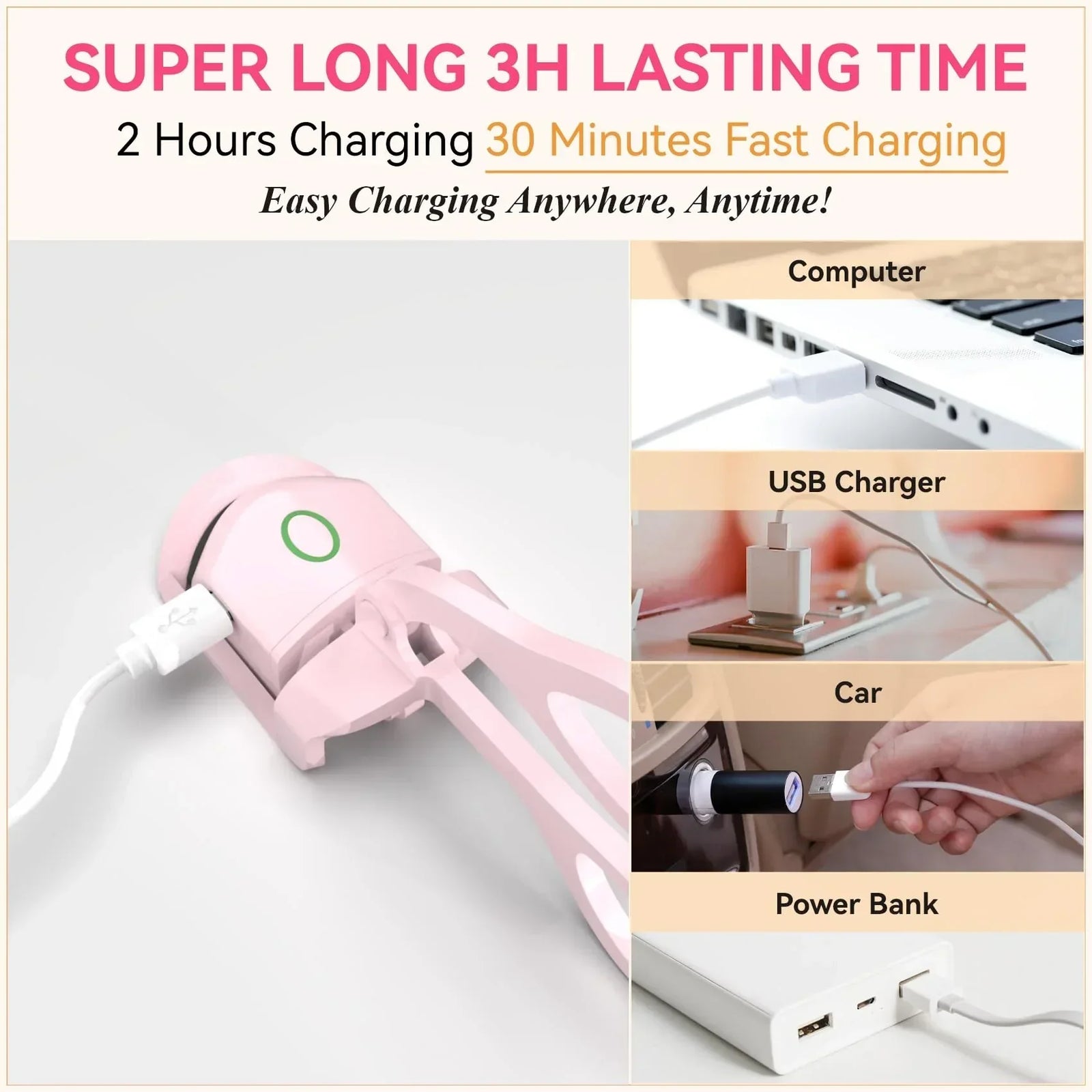 Electric Heated Eyelash Curler – 24H Long-Lasting Curl, USB Rechargeable, Dual Temperature Modes, Fast Heating in 10 Seconds, Portable & Lightweight (Pink)