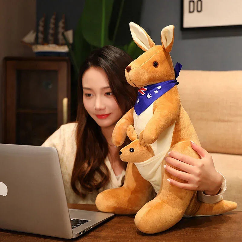 Kangaroo Stuffed Animal with Joey in Pouch & Australia Scarf - Soft Cuddly Plush Toy(32cm,light brown
)| Other Colors Available in Store