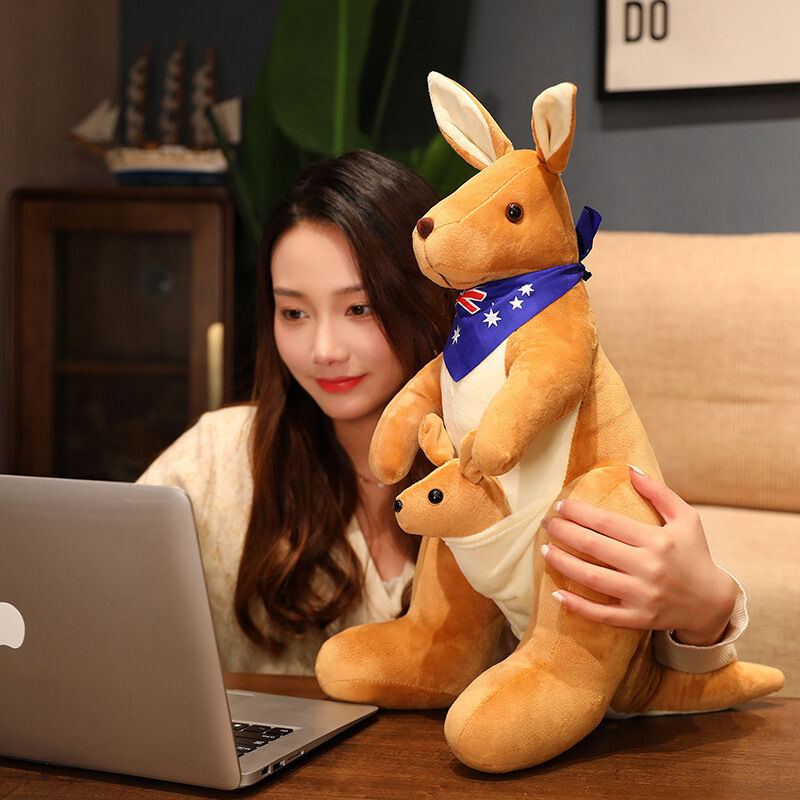 Kangaroo Stuffed Animal with Joey in Pouch & Australia Scarf - Soft Cuddly Plush Toy(45cm, light brown
)| Other Colors Available in Store