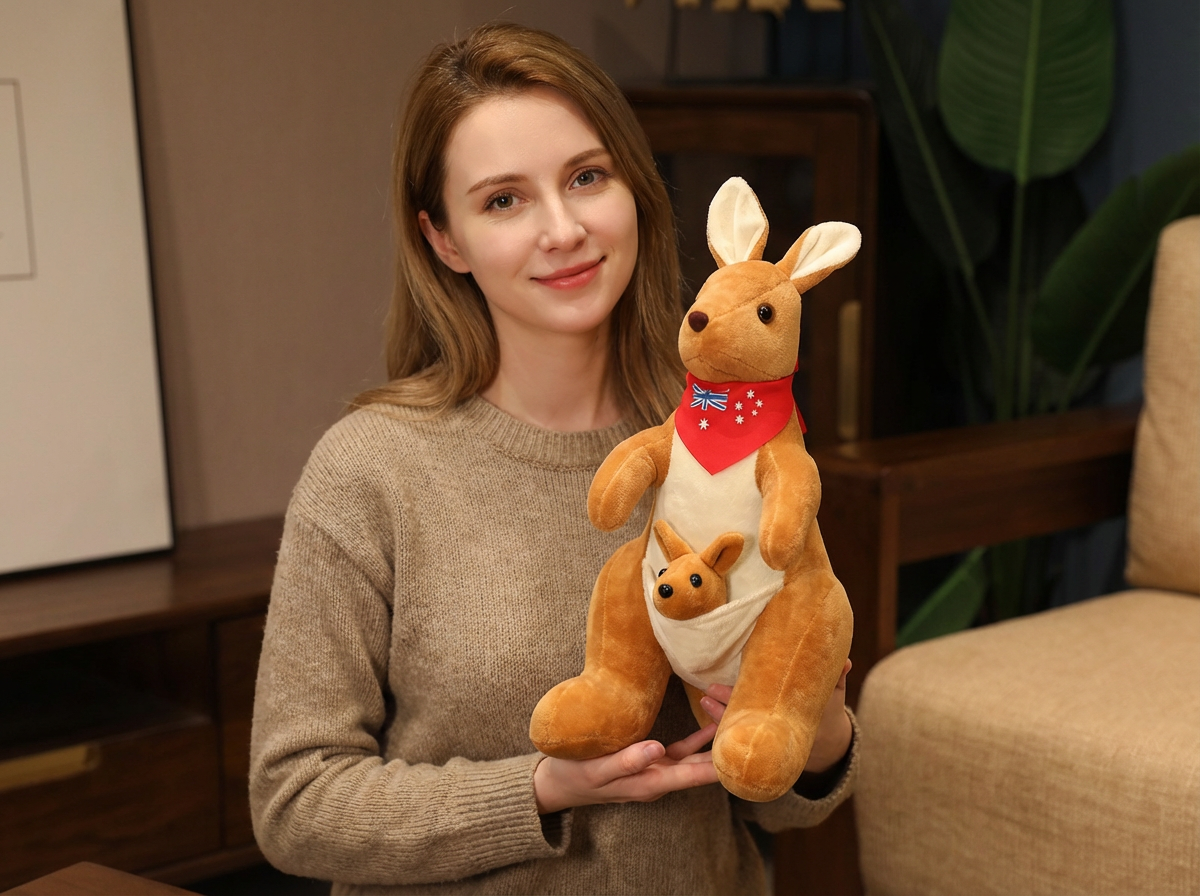 Kangaroo Stuffed Animal with Joey in Pouch & Australia Scarf - Soft Cuddly Plush Toy(55cm, light brown
)| Other Colors Available in Store