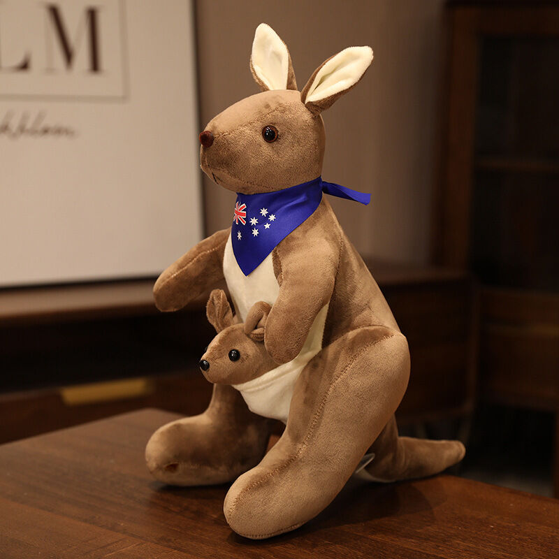 Kangaroo Stuffed Animal with Joey in Pouch & Australia Scarf - Soft Cuddly Plush Toy(32cm, Dark brown
)| Other Colors Available in Store