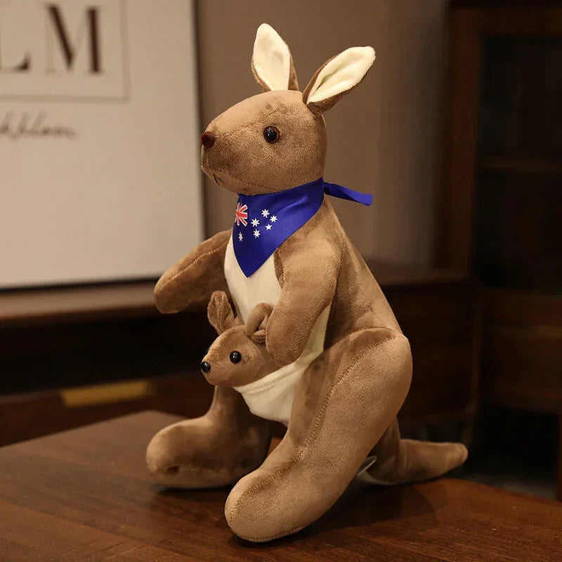 Kangaroo Stuffed Animal with Joey in Pouch & Australia Scarf - Soft Cuddly Plush Toy(32cm, Dark brown
)| Other Colors Available in Store