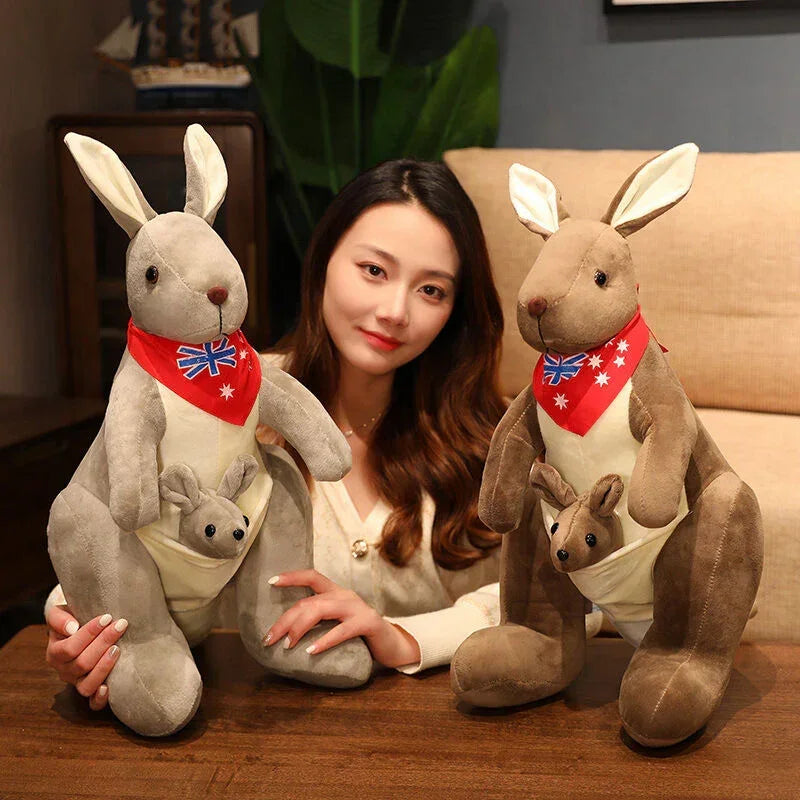 Kangaroo Stuffed Animal with Joey in Pouch & Australia Scarf - Soft Cuddly Plush Toy(32cm, Dark brown
)| Other Colors Available in Store
