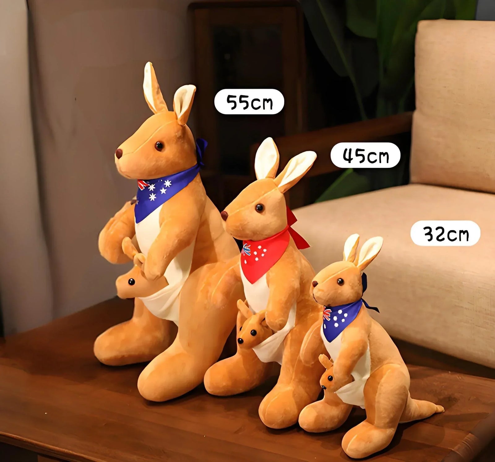 Kangaroo Stuffed Animal with Joey in Pouch & Australia Scarf - Soft Cuddly Plush Toy(32cm, Dark brown
)| Other Colors Available in Store
