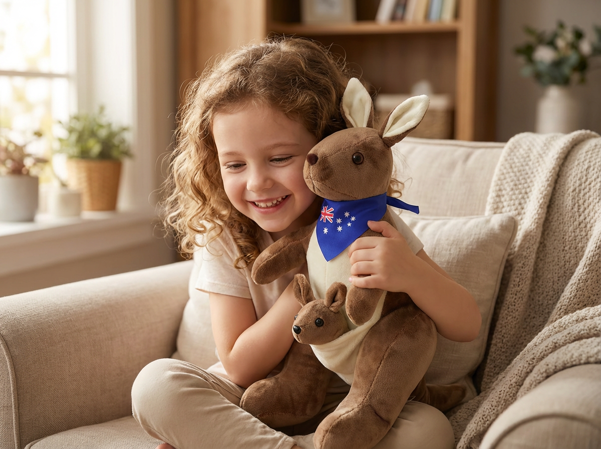 Kangaroo Stuffed Animal with Joey in Pouch & Australia Scarf - Soft Cuddly Plush Toy(45cm, Dark brown
)| Other Colors Available in Store