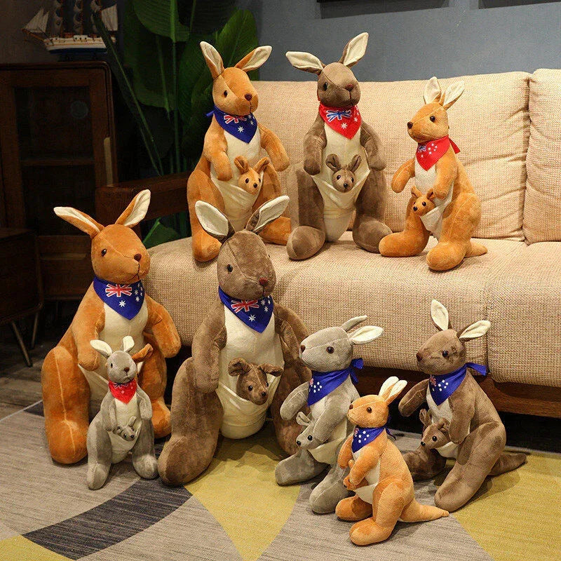 Kangaroo Stuffed Animal with Joey in Pouch & Australia Scarf - Soft Cuddly Plush Toy(45cm, Dark brown
)| Other Colors Available in Store