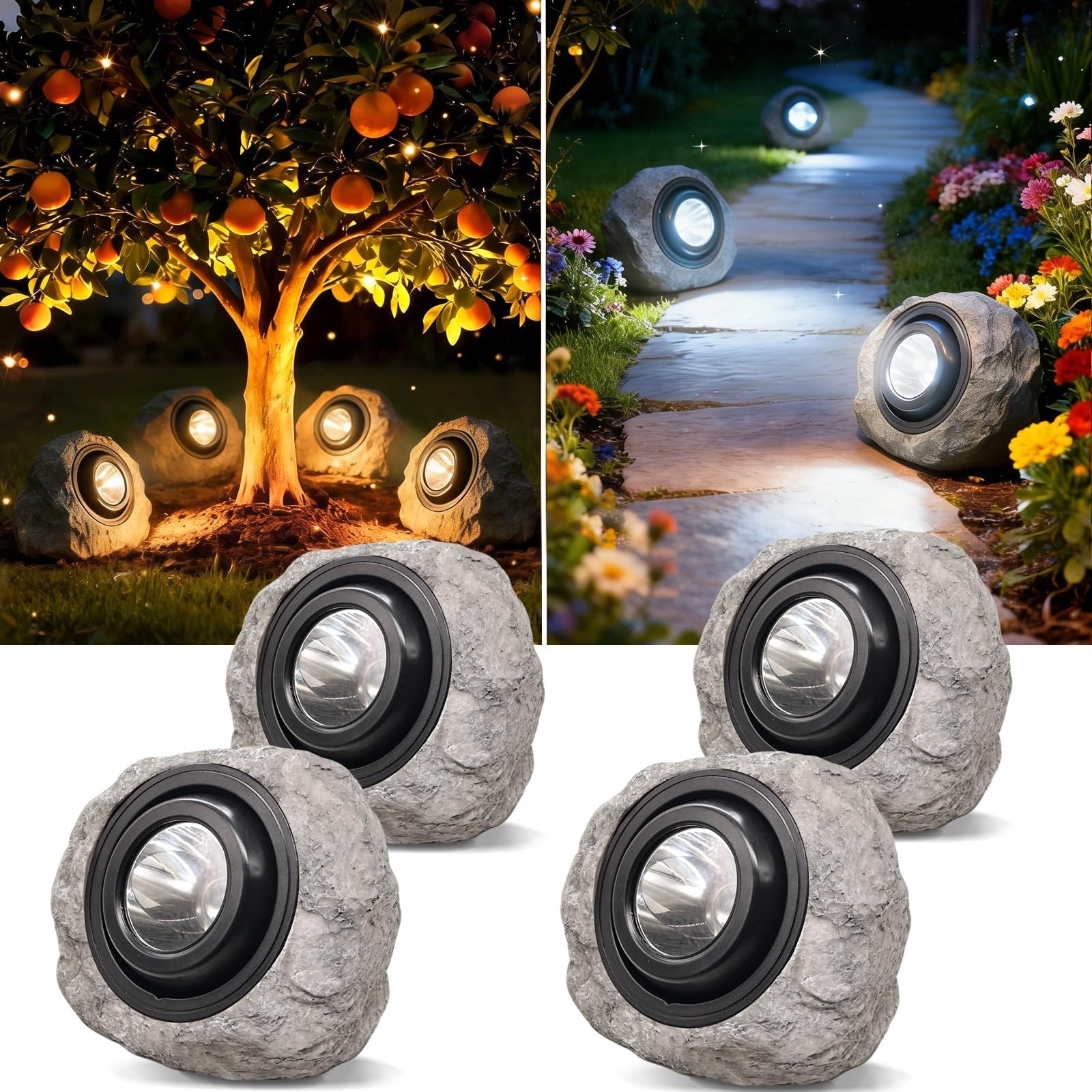 4Pack Solar Rock Lights Outdoor – Ash Gray Garden Stone Spotlights with IP65 Waterproof LED, Switchable Warm & Cool White, Auto On/Off for Pathway, Walkway, Yard & Patio(gray)