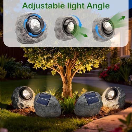 4Pack Solar Rock Lights Outdoor – Ash Gray Garden Stone Spotlights with IP65 Waterproof LED, Switchable Warm & Cool White, Auto On/Off for Pathway, Walkway, Yard & Patio(gray)