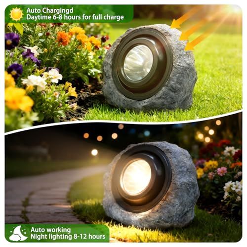 4Pack Solar Rock Lights Outdoor – Ash Gray Garden Stone Spotlights with IP65 Waterproof LED, Switchable Warm & Cool White, Auto On/Off for Pathway, Walkway, Yard & Patio(gray)