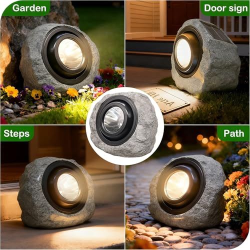 4Pack Solar Rock Lights Outdoor – Ash Gray Garden Stone Spotlights with IP65 Waterproof LED, Switchable Warm & Cool White, Auto On/Off for Pathway, Walkway, Yard & Patio(gray)