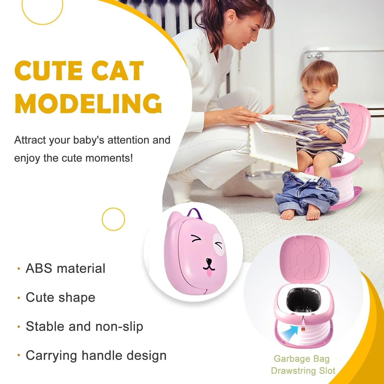 Portable Folding Potty for Toddlers – Compact Travel Toilet with Cat Design, Easy to Carry & Clean, Ideal for Home, Car, Camping, Outdoor Use (Pink)