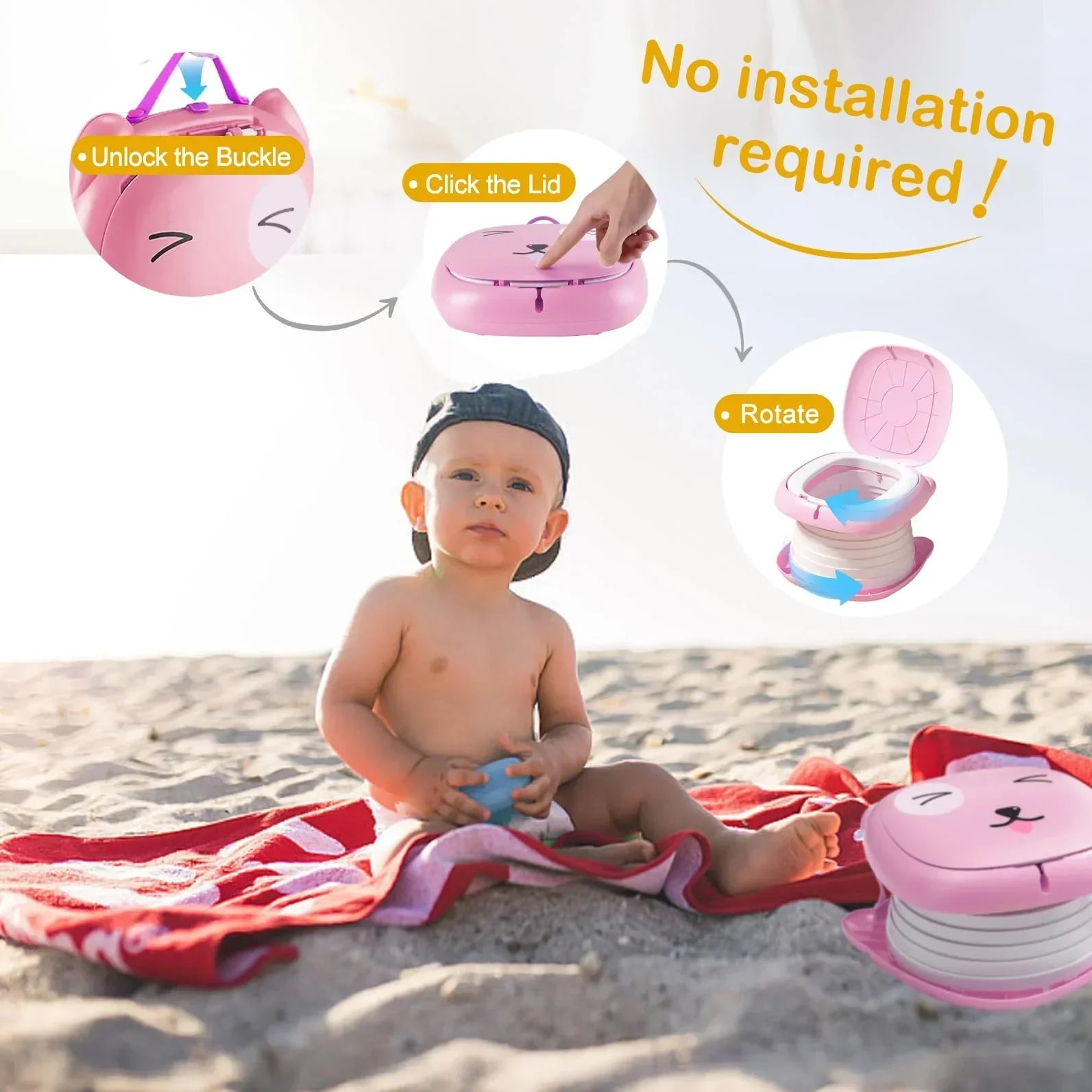 Portable Folding Potty for Toddlers – Compact Travel Toilet with Cat Design, Easy to Carry & Clean, Ideal for Home, Car, Camping, Outdoor Use (Pink)