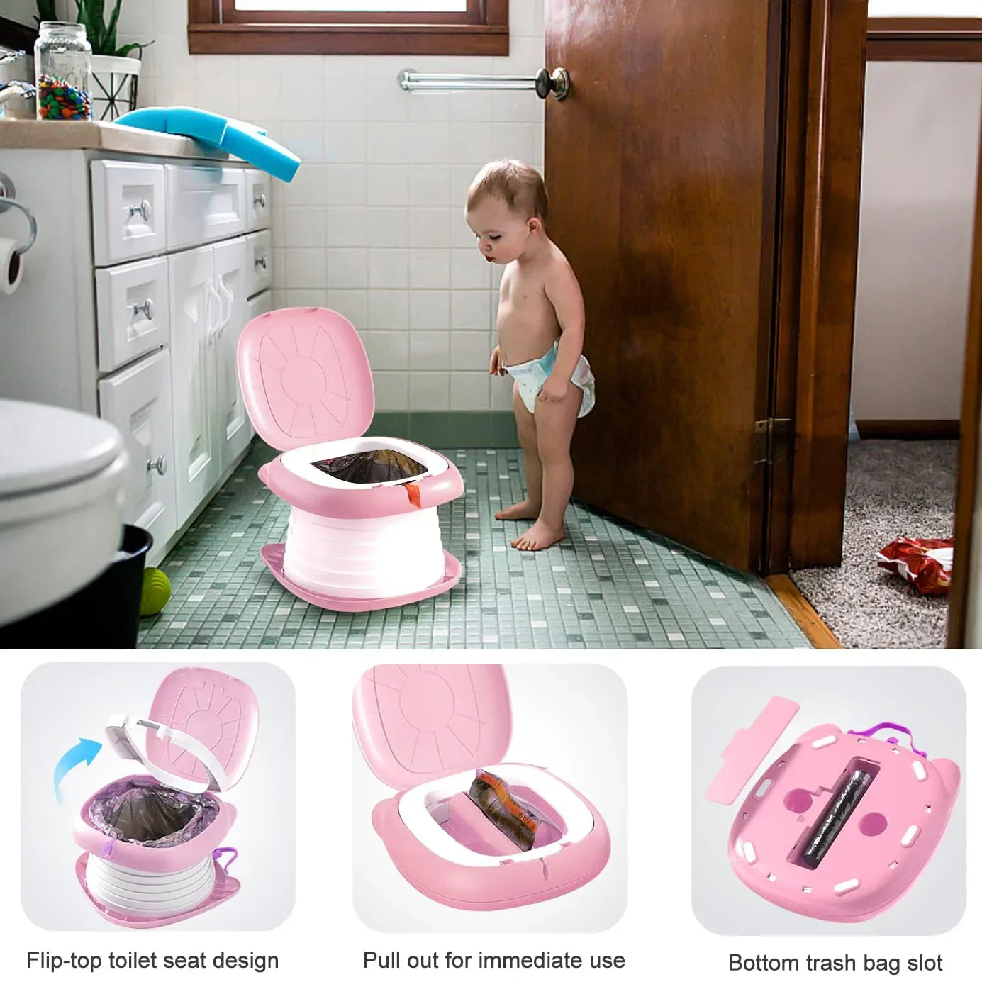 Portable Folding Potty for Toddlers – Compact Travel Toilet with Cat Design, Easy to Carry & Clean, Ideal for Home, Car, Camping, Outdoor Use (Pink)