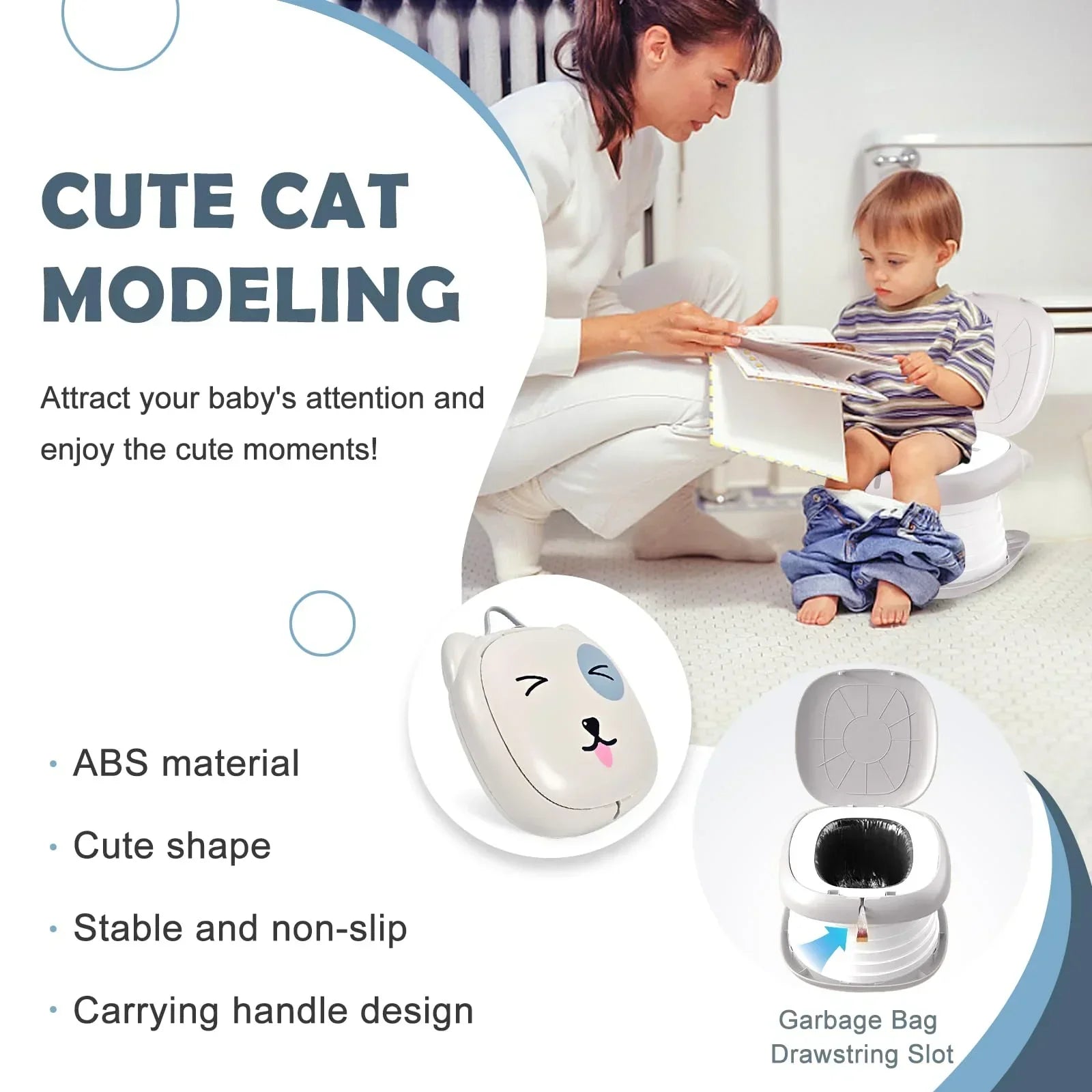 Portable Folding Potty for Toddlers – Compact Travel Toilet with Cat Design, Easy to Carry & Clean, Ideal for Home, Car, Camping, Outdoor Use (Grey)
