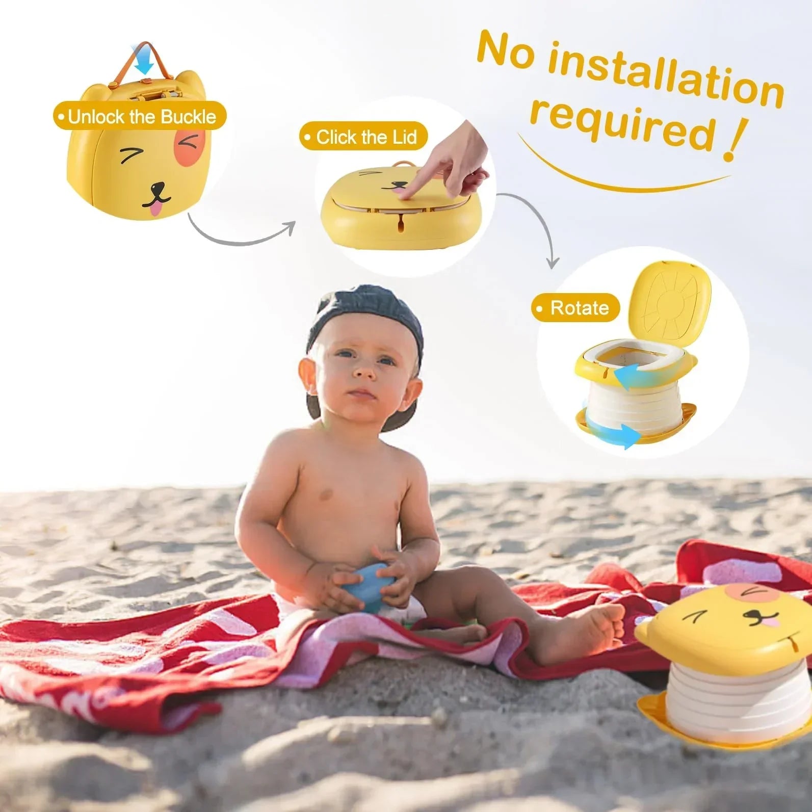 Portable Folding Potty for Toddlers – Compact Travel Toilet with Cat Design, Easy to Carry & Clean, Ideal for Home, Car, Camping, Outdoor Use (Yellow)
