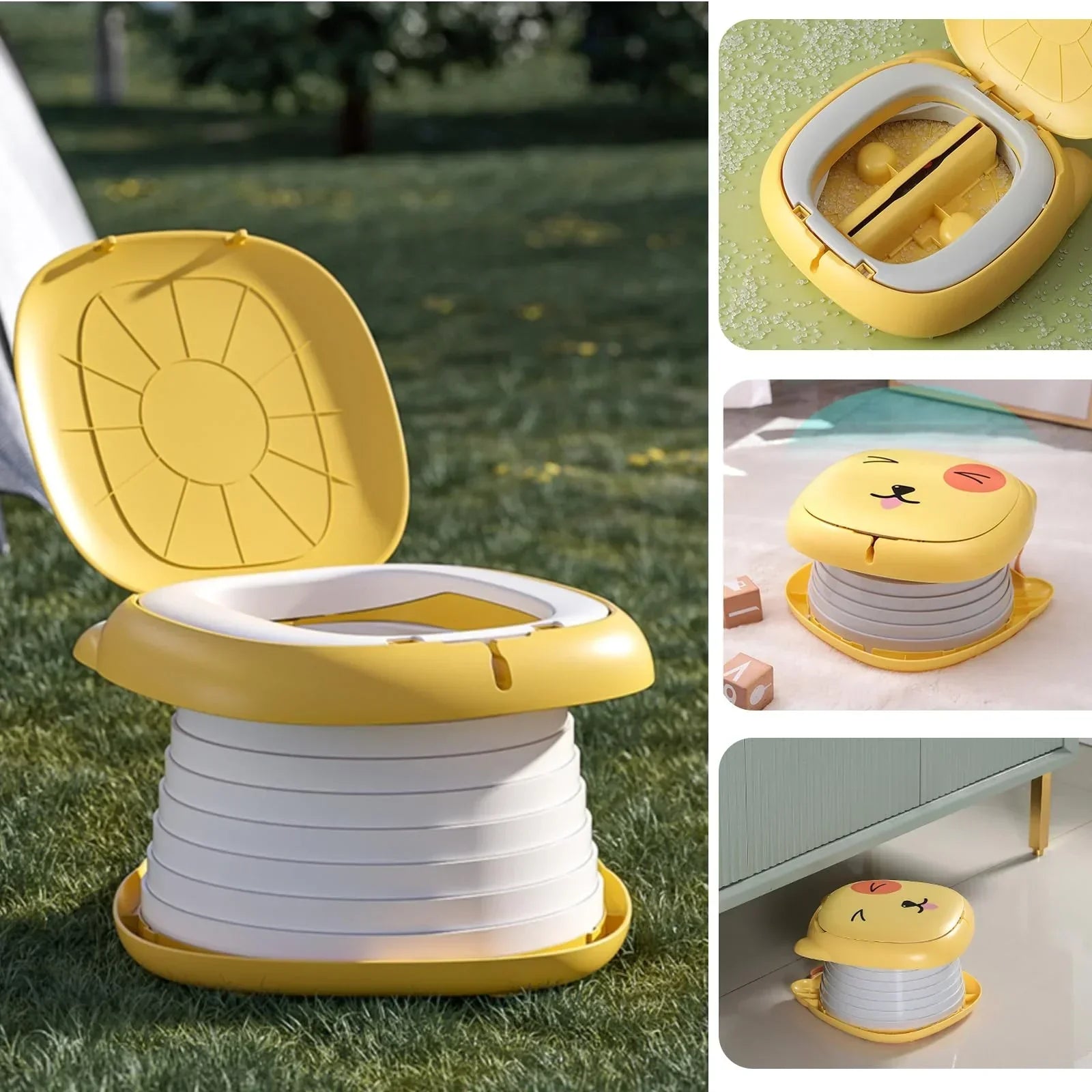 Portable Folding Potty for Toddlers – Compact Travel Toilet with Cat Design, Easy to Carry & Clean, Ideal for Home, Car, Camping, Outdoor Use (Yellow)