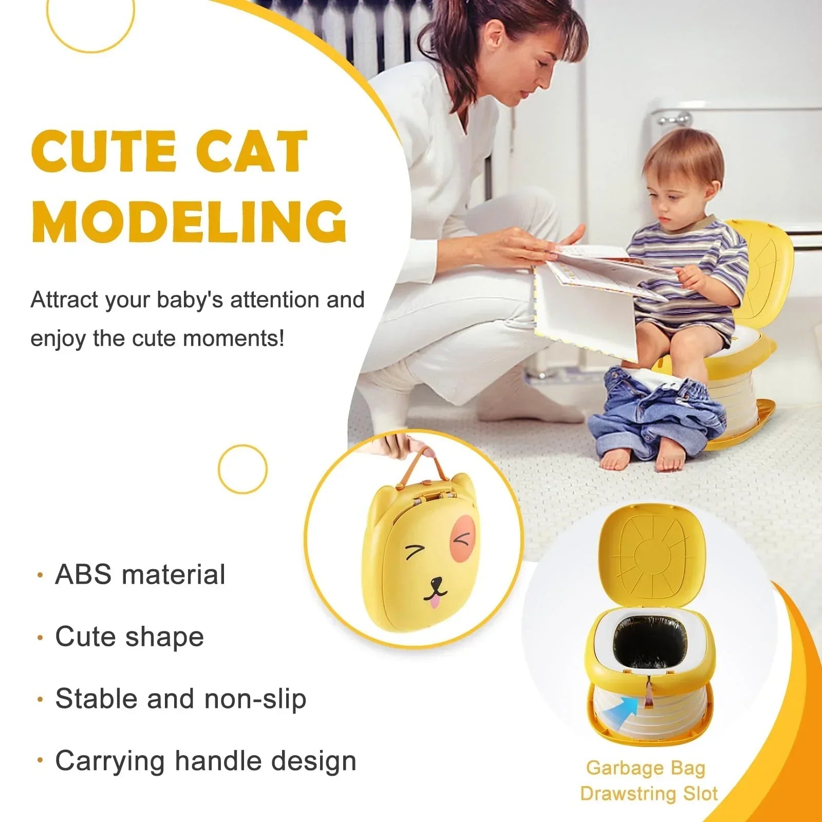 Portable Folding Potty for Toddlers – Compact Travel Toilet with Cat Design, Easy to Carry & Clean, Ideal for Home, Car, Camping, Outdoor Use (Yellow)