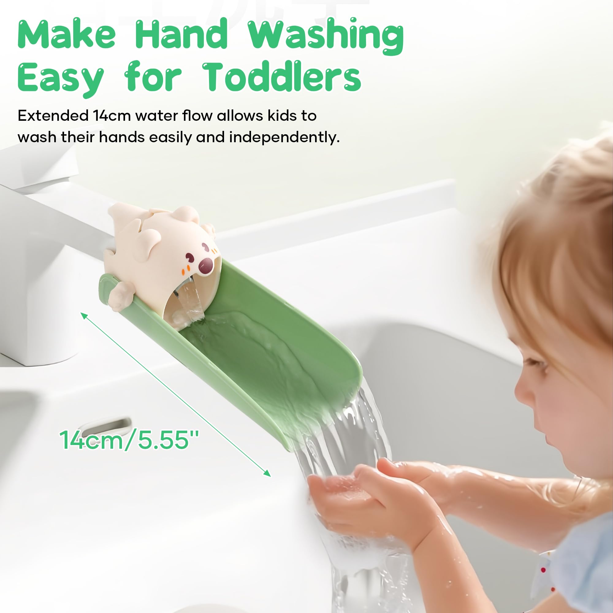 Cute Cartoon Faucet Extender for Kids – 14cm Water Flow Extension, Splash-Proof Hand Washing Aid for Toddlers, BPA-Free, Compatible with Most Kitchen and Bathroom Faucets (Yellow & Green)