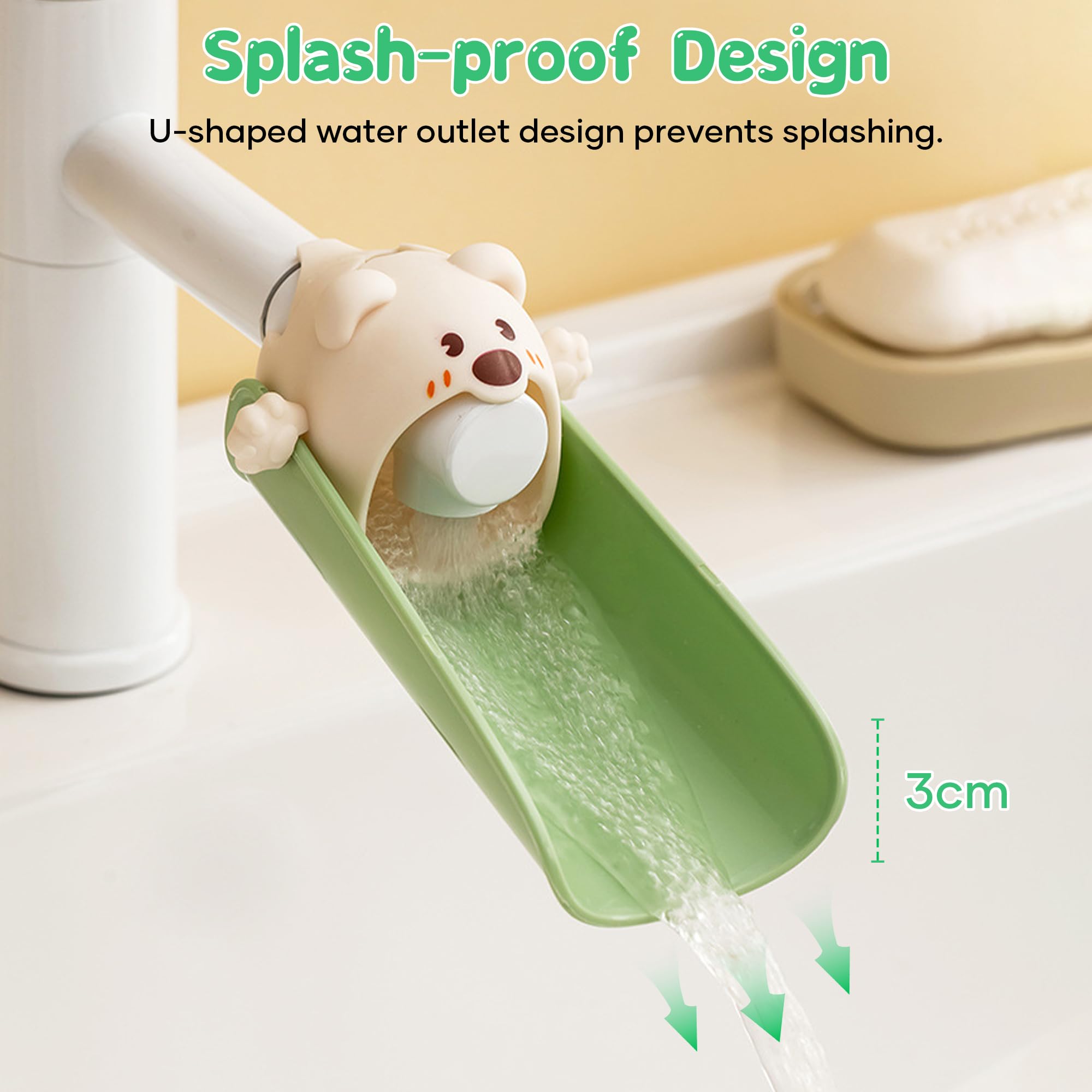 Cute Cartoon Faucet Extender for Kids – 14cm Water Flow Extension, Splash-Proof Hand Washing Aid for Toddlers, BPA-Free, Compatible with Most Kitchen and Bathroom Faucets (Yellow & Green)