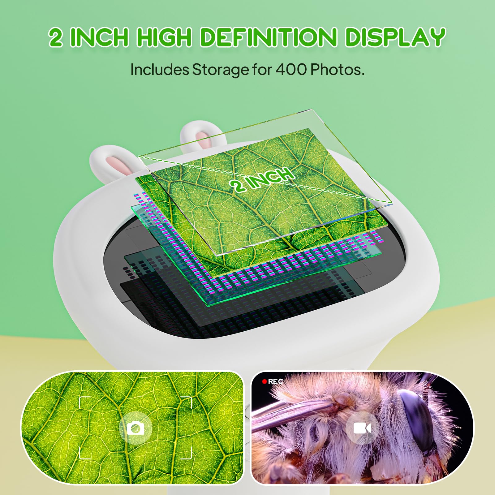 Student Digital Microscope for Kids – Portable 1000x Magnification Handheld Scope with 2 Inch HD Screen, LED Light & Photo Storage, Ideal for Science Class and Outdoor Exploration (White)