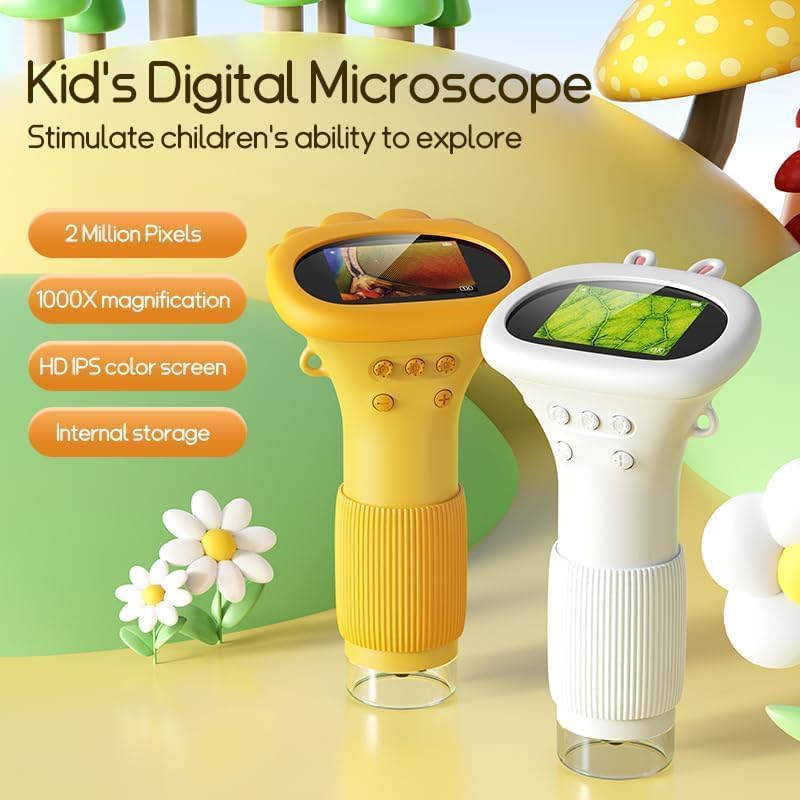 Student Digital Microscope for Kids – Portable 1000x Magnification Handheld Scope with 2 Inch HD Screen, LED Light & Photo Storage, Ideal for Science Class and Outdoor Exploration (Yellow)