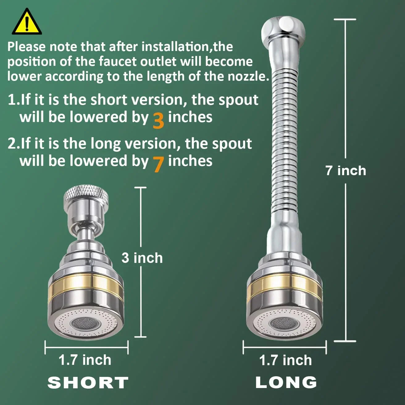 Multi-Function Rotating Faucet Aerator – 360° Swivel Kitchen Sink Extender with Adjustable Flow Modes, 3-inch & 7-inch Lengths, Anti-Splash Sprayer for Washing, Cleaning, and Filling (Silver,Short)