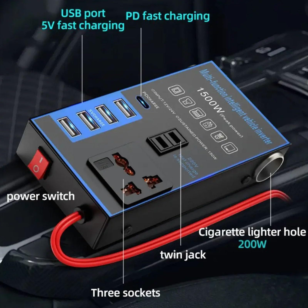 Flexible 1500W Vehicle Power Changer 12V 24V to 220V Electricity with Features Suitable for Electronic Devices Fast Fee Car Inverter(Black)