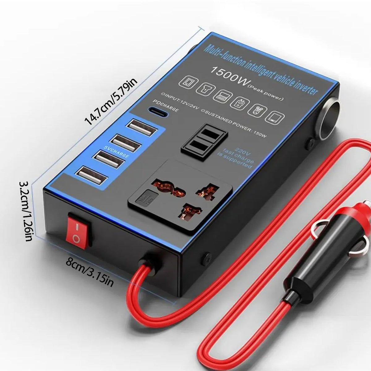 Flexible 1500W Vehicle Power Changer 12V 24V to 220V Electricity with Features Suitable for Electronic Devices Fast Fee Car Inverter(Black)