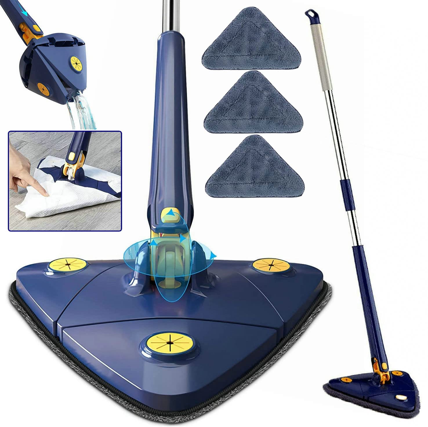 360° Rotating Triangular Floor Mop with Auto-Squeeze System – Easy Twist, No-Hand Squeezing, Reusable Microfiber Cloths for Hard Floors, Windows, and Corners (Blue)