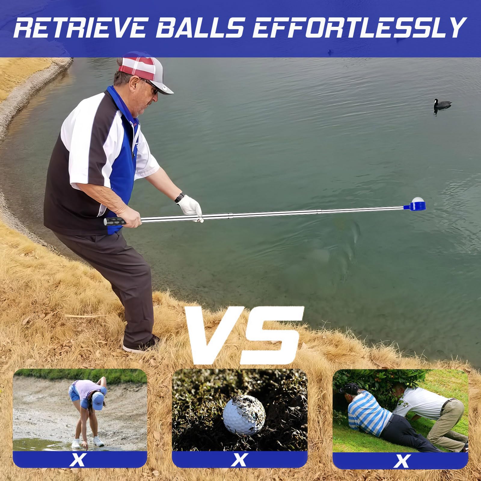 Telescopic Golf Ball Retriever 9FT – Blue Stainless Steel Pole with Durable Nylon Head for Water, Sand & Bush Retrieval (Blue)