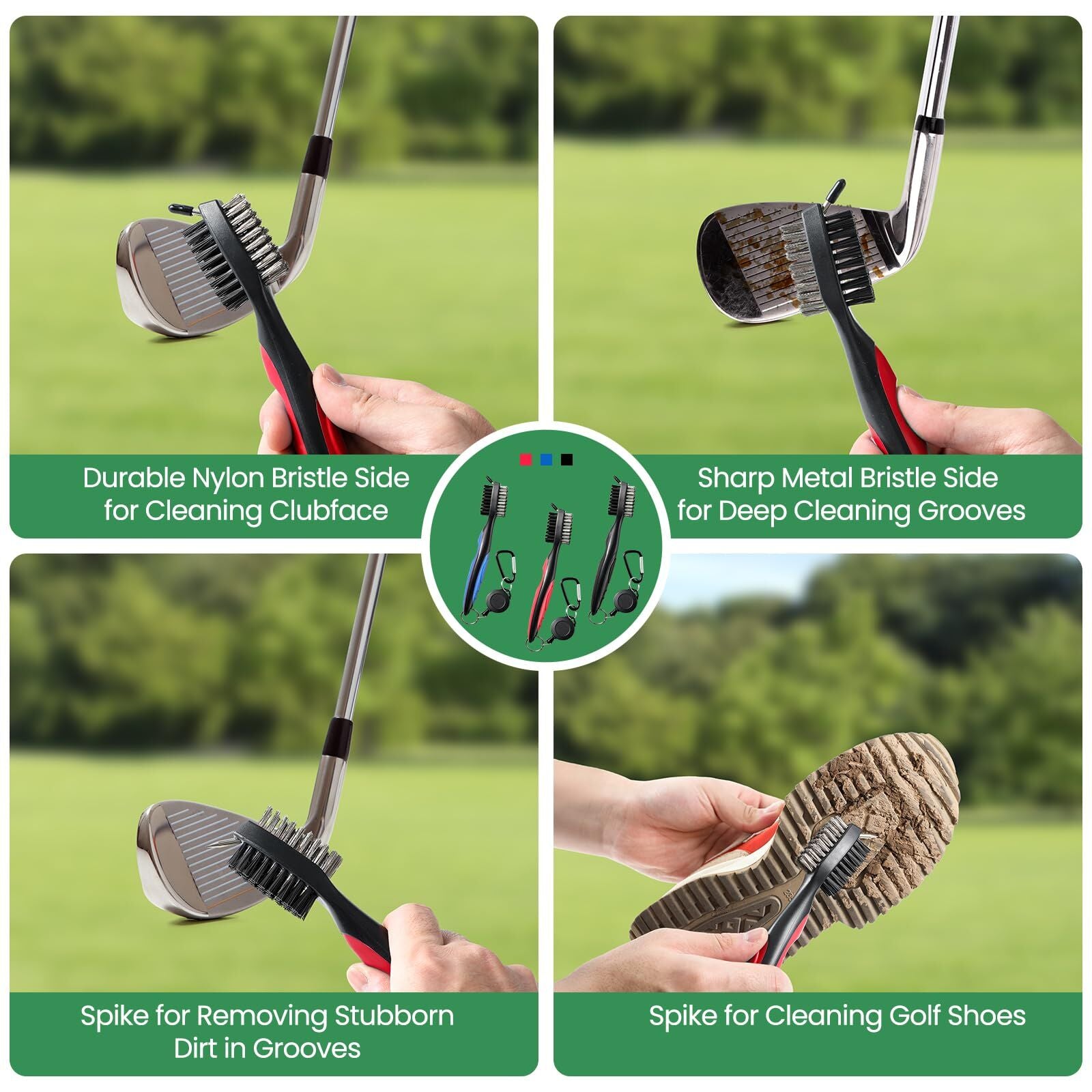Golf Club Cleaning Brush Set with Retractable Zip Line – 3-Pack Dual-Sided Brush for Deep Groove Cleaning (Blue)