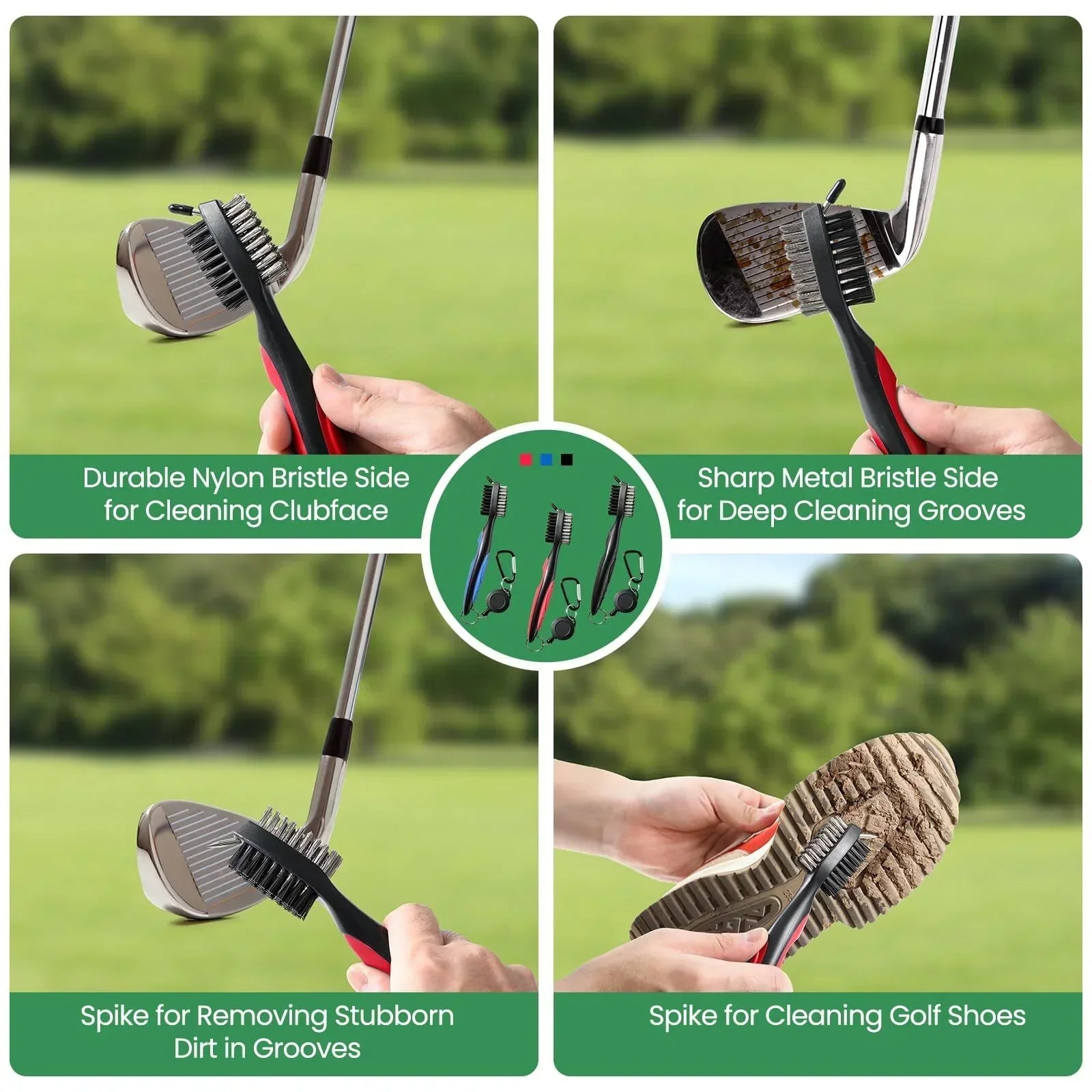 Golf Club Cleaning Brush Set with Retractable Zip Line – 3-Pack Dual-Sided Brush for Deep Groove Cleaning (Blue)