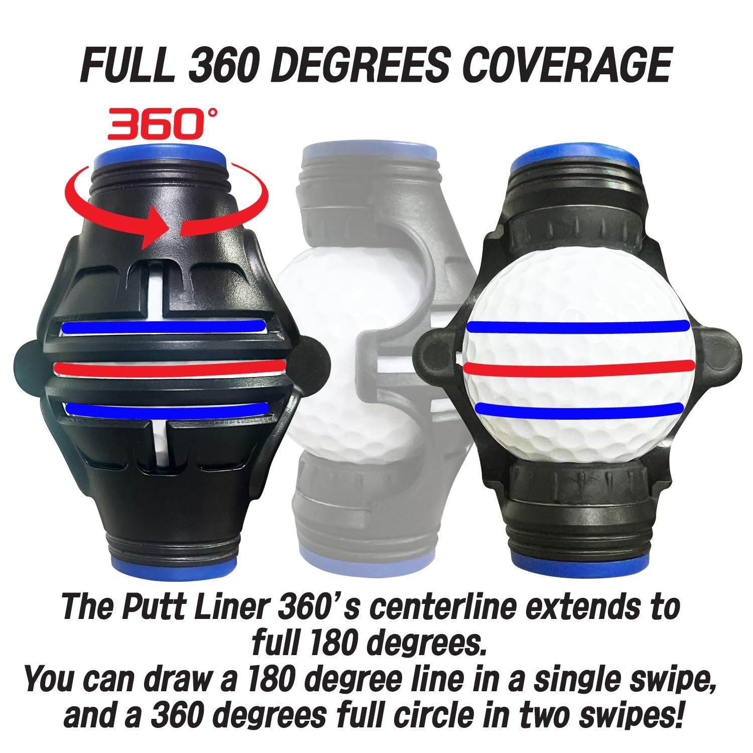 360° Golf Ball Line Marker with 2 Pens – Full Coverage Alignment Tool for Putt, Driver & Irons (Blue)